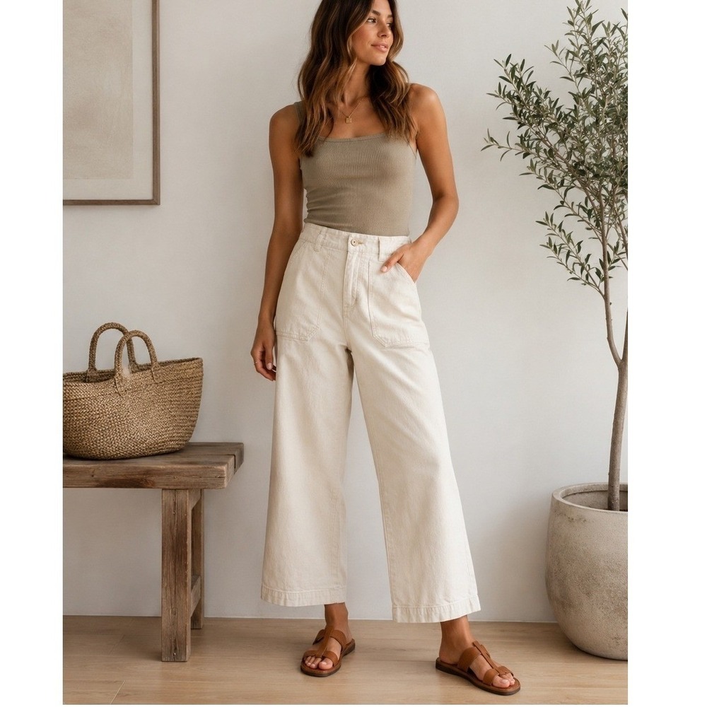 Masscob Mid Rise Wide Leg Crop Jeans Ivory Cream Utility Pockets